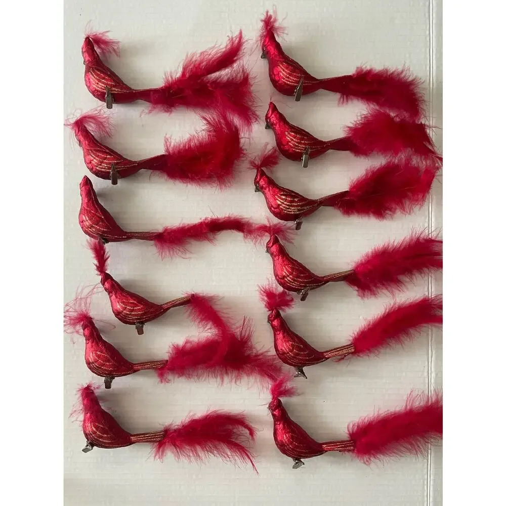 Lot of 12 Christmas Red Cardinal Feathered Clip-on Glass Ornaments Hand Painted